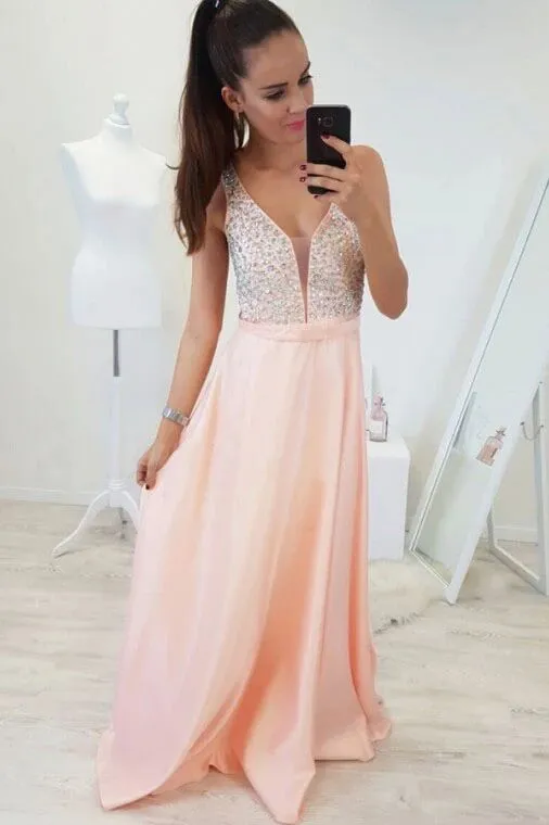 A-Line V-Neck Floor-Length Pearl Pink Prom Dress with Beading PFP1632