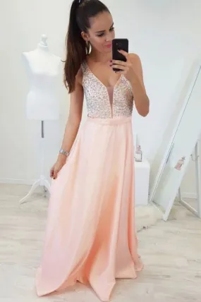 A-Line V-Neck Floor-Length Pearl Pink Prom Dress with Beading PFP1632