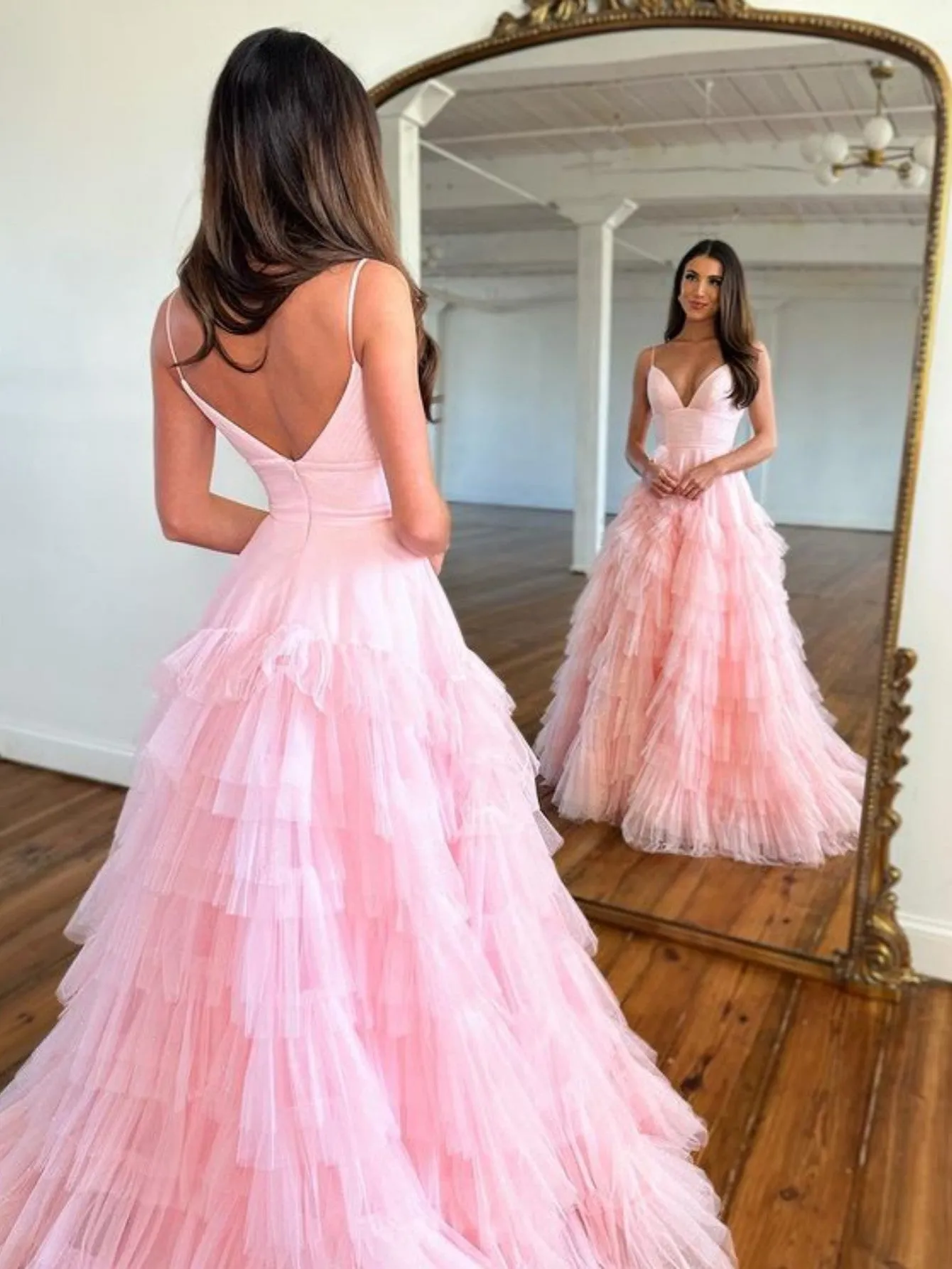 Alianna |A-Line Spaghetti Straps Tiered Tulle Prom Dress
