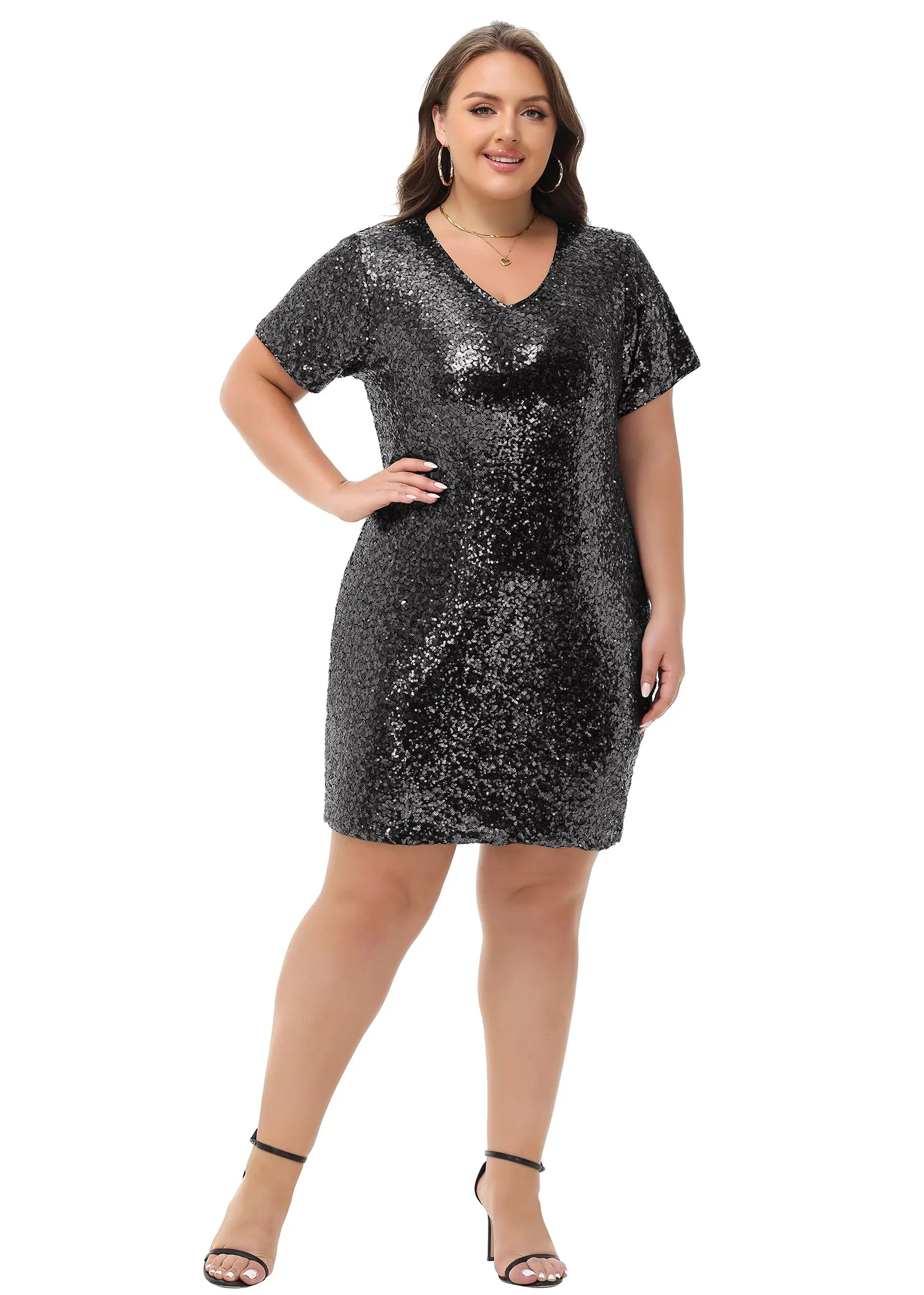 Anna-Kaci Women's Plus Size Short Sleeve Sequin Dresses V Neck T Shirt Shift Sparkle Dress