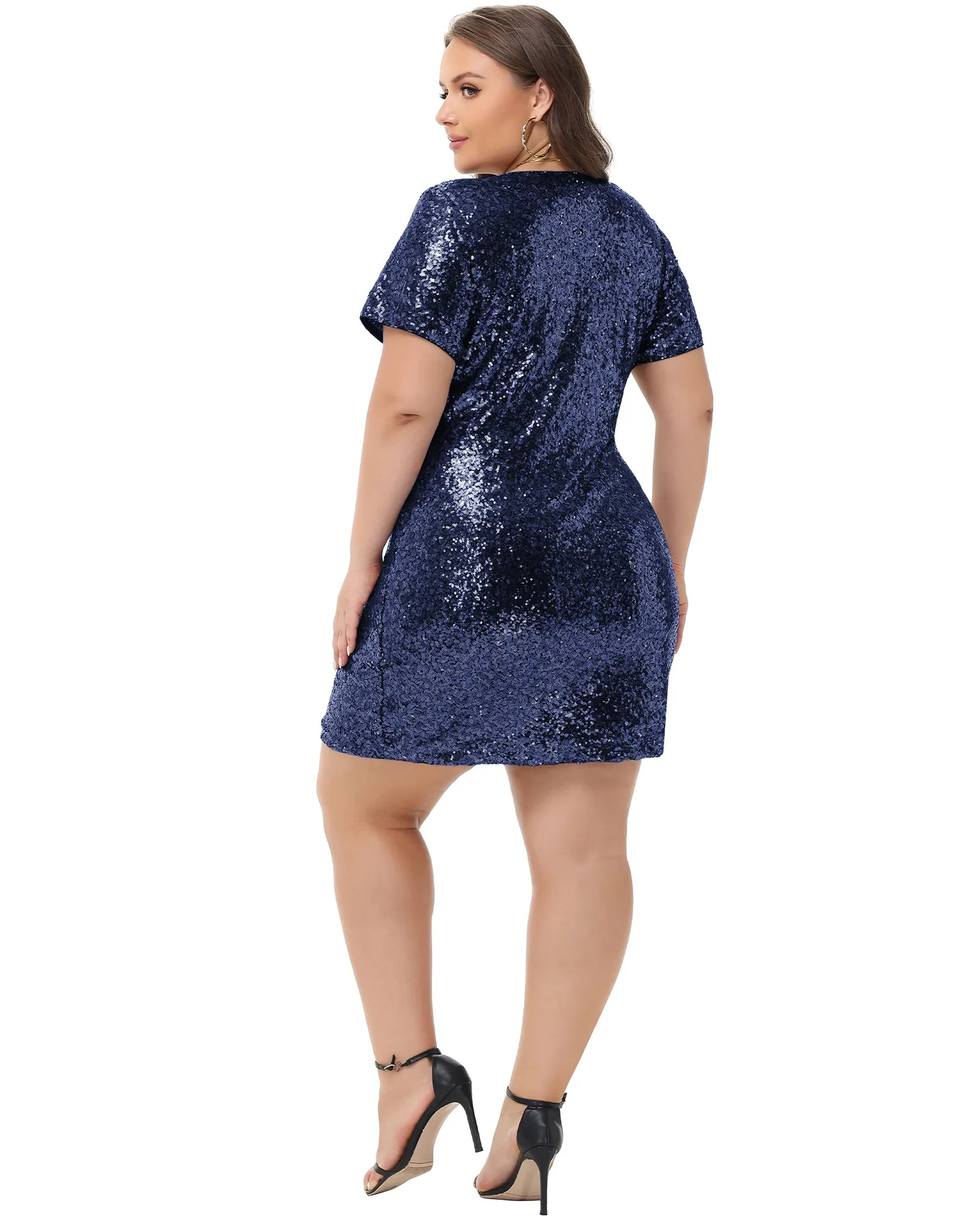 Anna-Kaci Women's Plus Size Short Sleeve Sequin Dresses V Neck T Shirt Shift Sparkle Dress