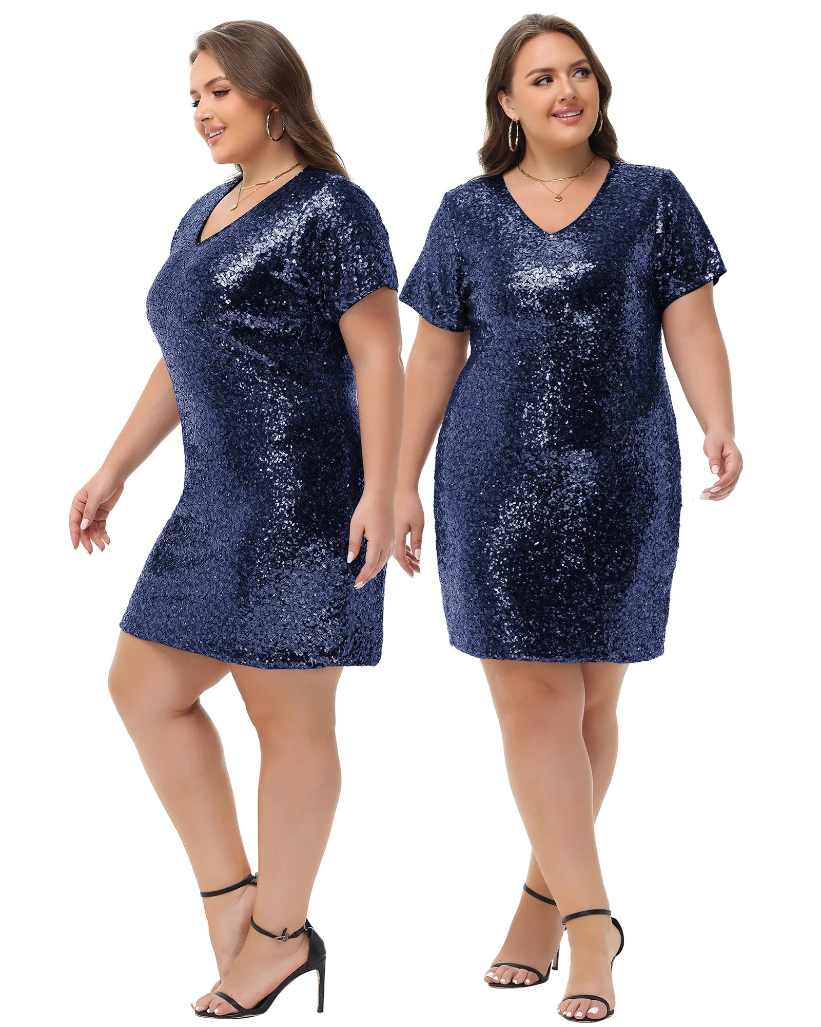 Anna-Kaci Women's Plus Size Short Sleeve Sequin Dresses V Neck T Shirt Shift Sparkle Dress
