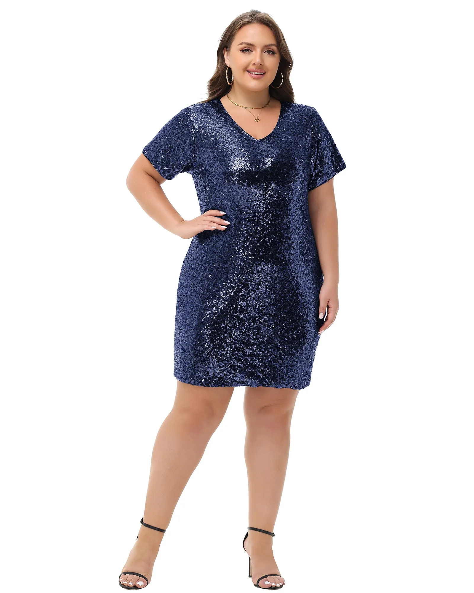 Anna-Kaci Women's Plus Size Short Sleeve Sequin Dresses V Neck T Shirt Shift Sparkle Dress
