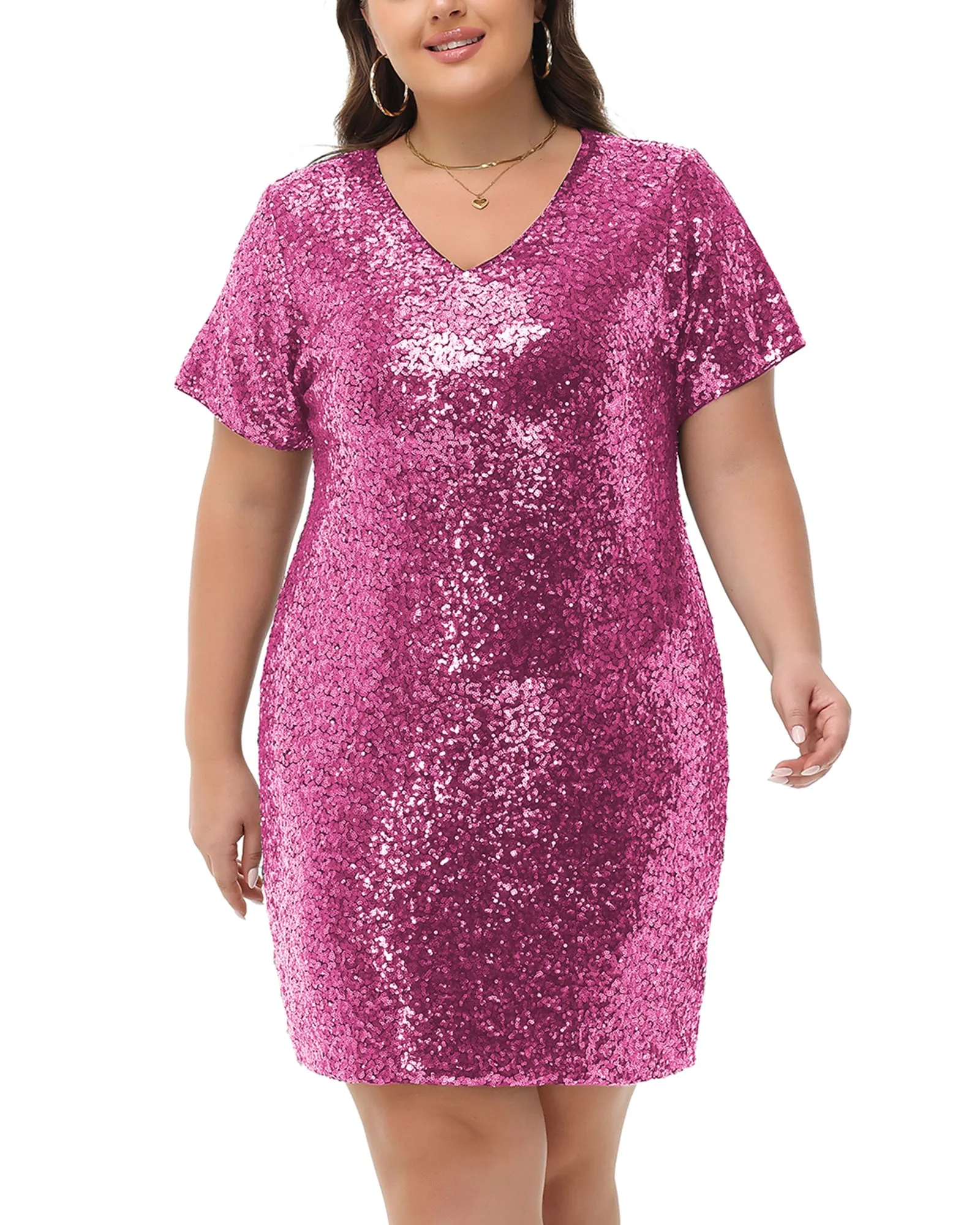 Anna-Kaci Women's Plus Size Short Sleeve Sequin Dresses V Neck T Shirt Shift Sparkle Dress
