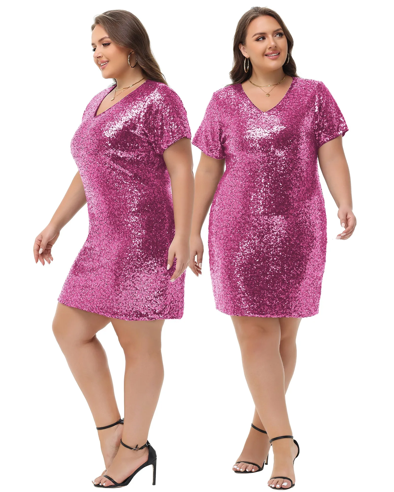 Anna-Kaci Women's Plus Size Short Sleeve Sequin Dresses V Neck T Shirt Shift Sparkle Dress