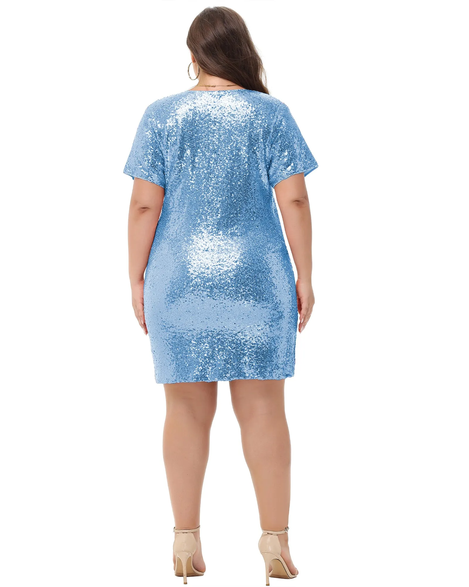 Anna-Kaci Women's Plus Size Short Sleeve Sequin Dresses V Neck T Shirt Shift Sparkle Dress