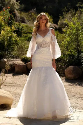 Applique Bell Sleeve Mermaid Wedding Dress_JE983L