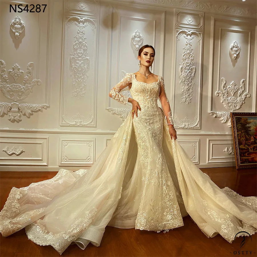 Appliques Detachable Train Lace Mermaid Wedding Dress OS4287