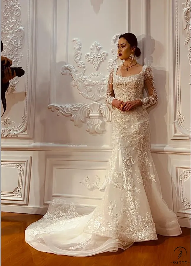 Appliques Detachable Train Lace Mermaid Wedding Dress OS4287