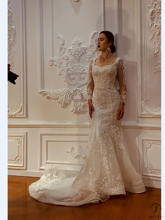 Appliques Detachable Train Lace Mermaid Wedding Dress OS4287