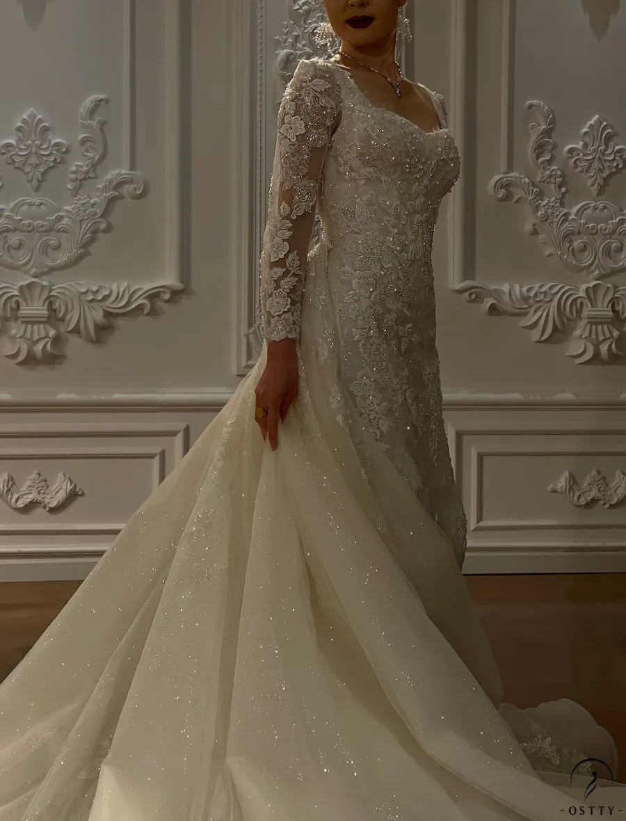 Appliques Detachable Train Lace Mermaid Wedding Dress OS4287
