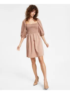 BAR III DRESSES Womens Beige Smocked Pullover 3/4 Sleeve Square Neck Short Fit   Flare Dress