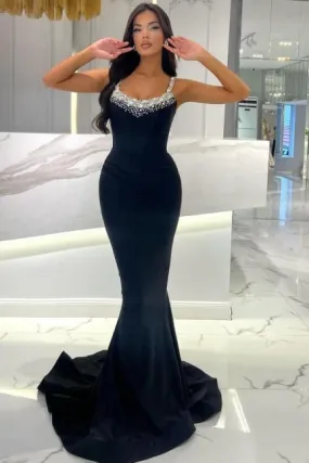 Beautiful Long Mermaid Black Sleeveless Rhinestones Prom Dress