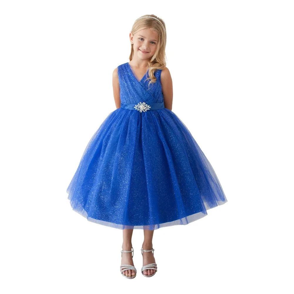 Big Girls Royal Blue Glitter Tulle Rhinestone Brooch Junior Bridesmaid Dress 8-12