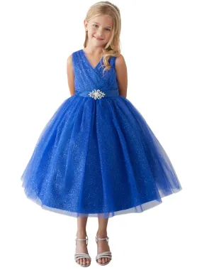 Big Girls Royal Blue Glitter Tulle Rhinestone Brooch Junior Bridesmaid Dress 8-12