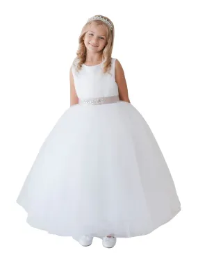 Big Girls White Satin Tulle Ankle Length Elegant Junior Bridesmaid Dress 8-12