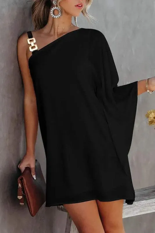 BLACK CHAIN STRAP ASYMMETRICAL NECK CASUAL DRESS