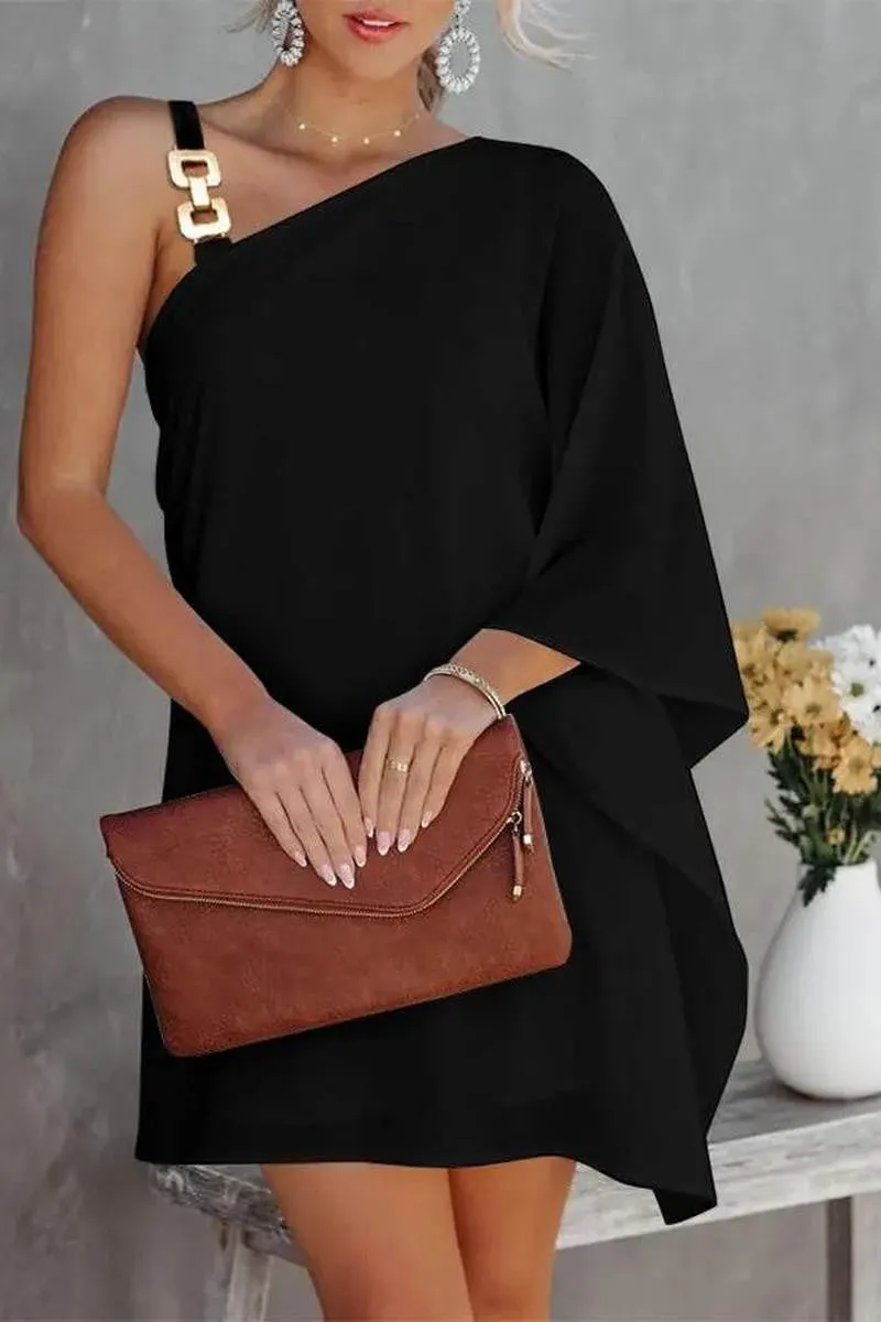 BLACK CHAIN STRAP ASYMMETRICAL NECK CASUAL DRESS