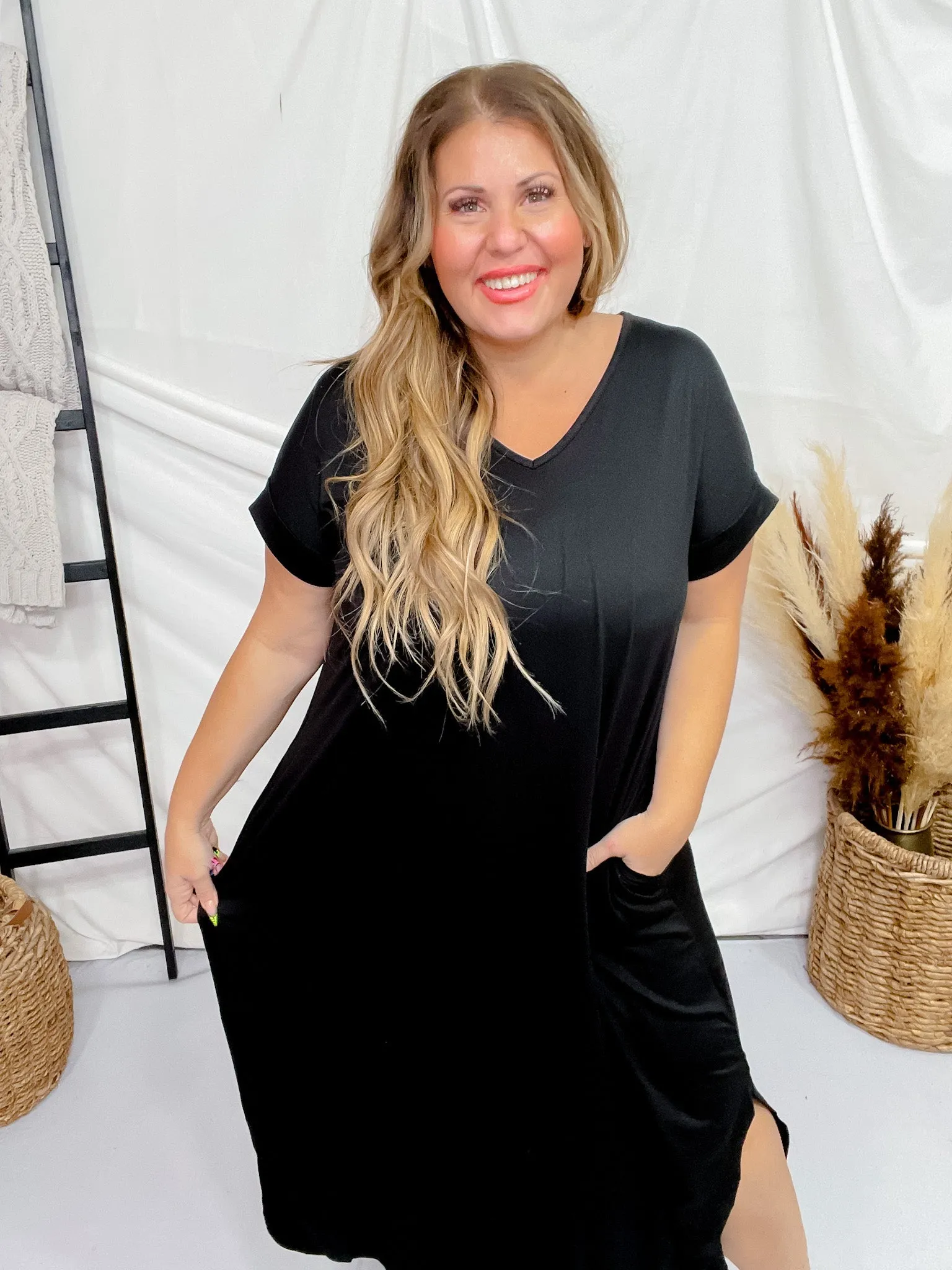 Black Jersey Knit V-Neck Maxi Dress