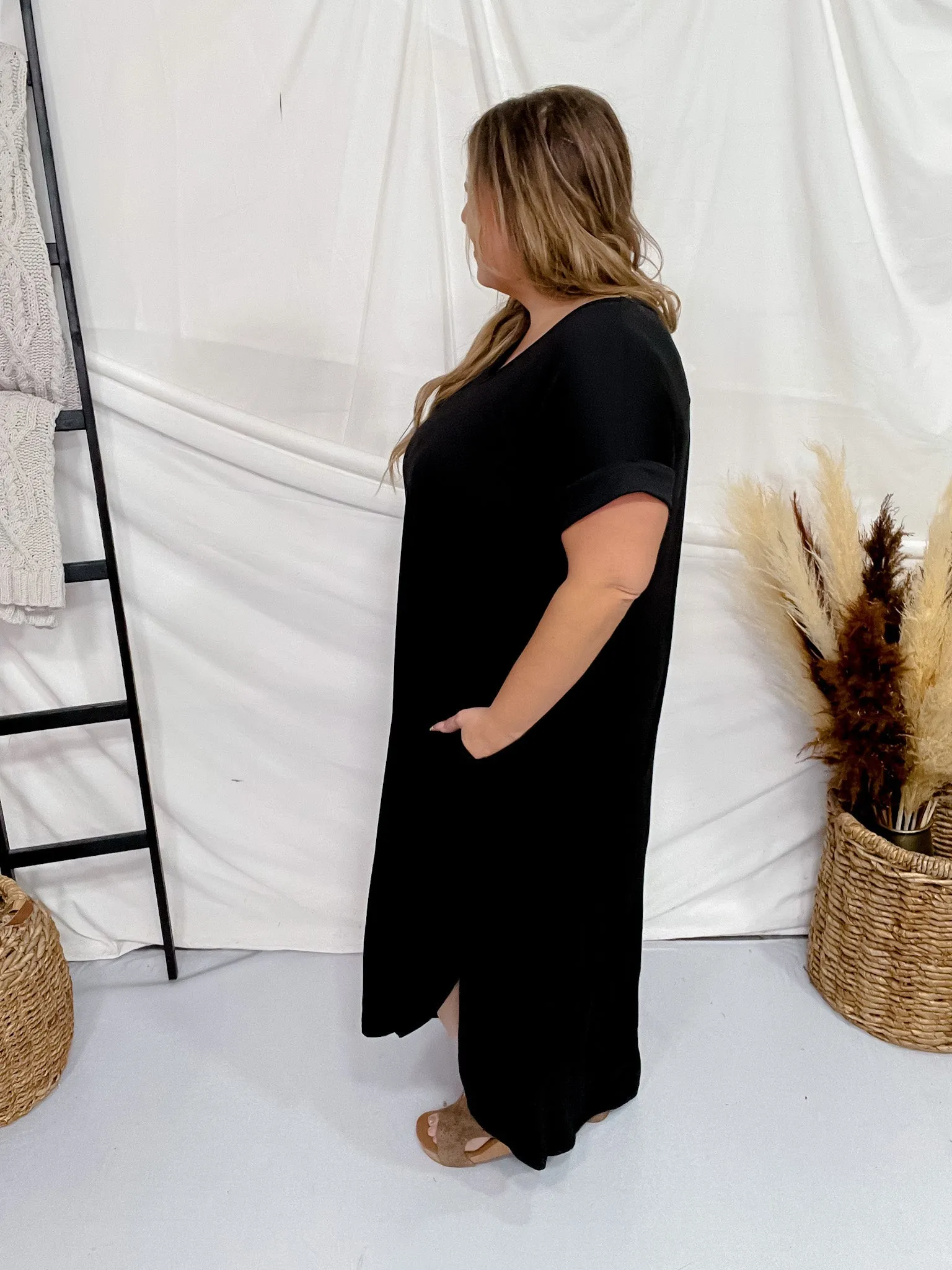Black Jersey Knit V-Neck Maxi Dress