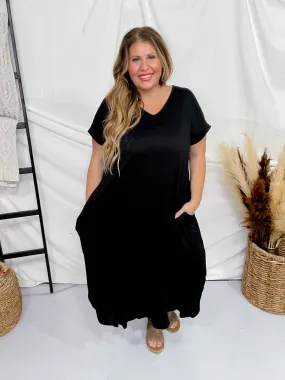 Black Jersey Knit V-Neck Maxi Dress