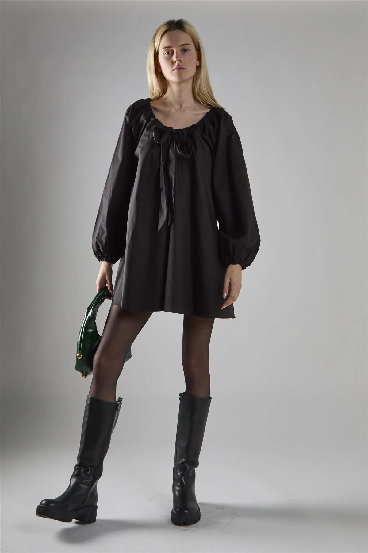 Black Long-Sleeve Tie Detail Mini-Dress