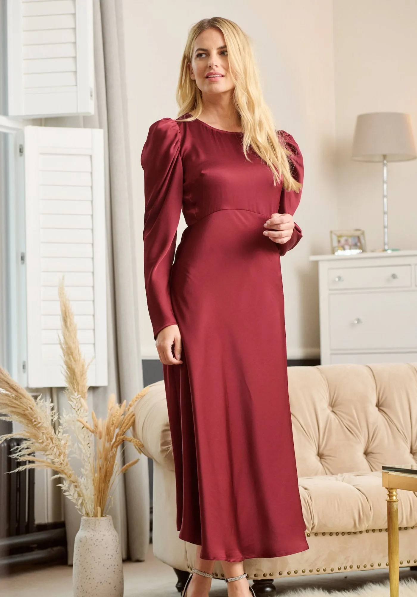 Blair Long Sleeve Satin Midi Dress - Burgundy-Outlet