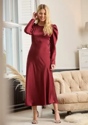 Blair Long Sleeve Satin Midi Dress - Burgundy-Outlet