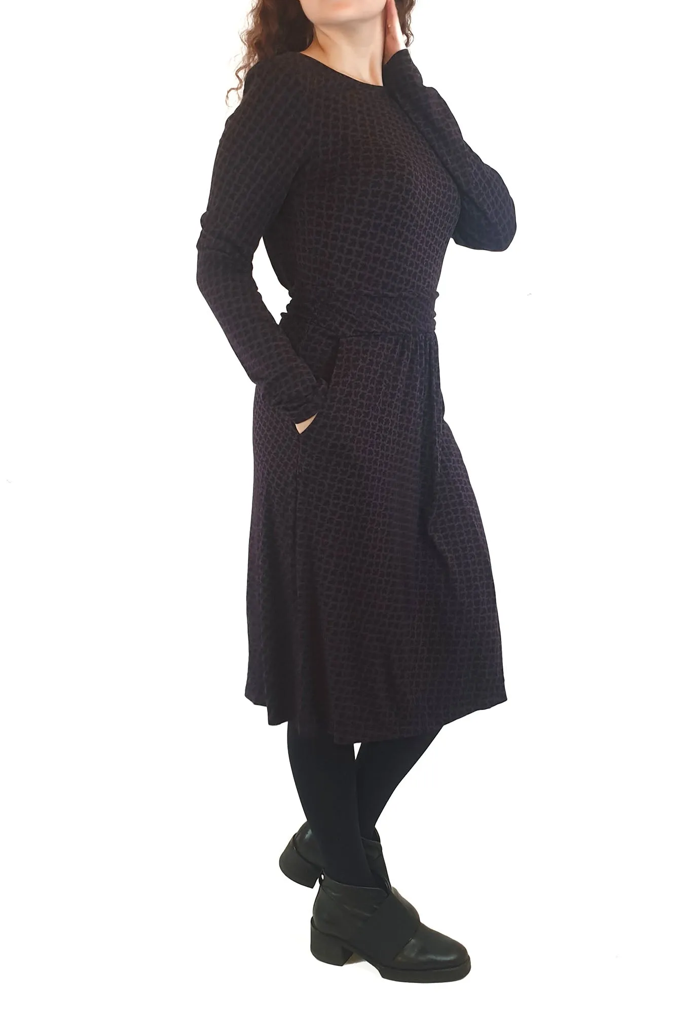 Boden purple and black maple leaf print long sleeve dress size UK 10