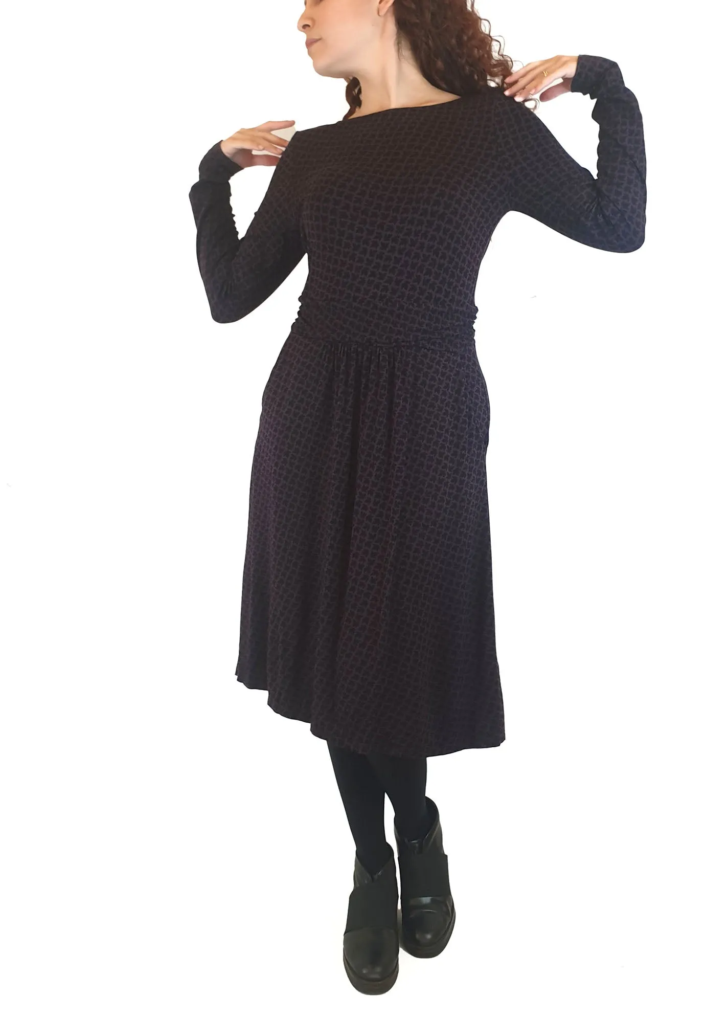Boden purple and black maple leaf print long sleeve dress size UK 10