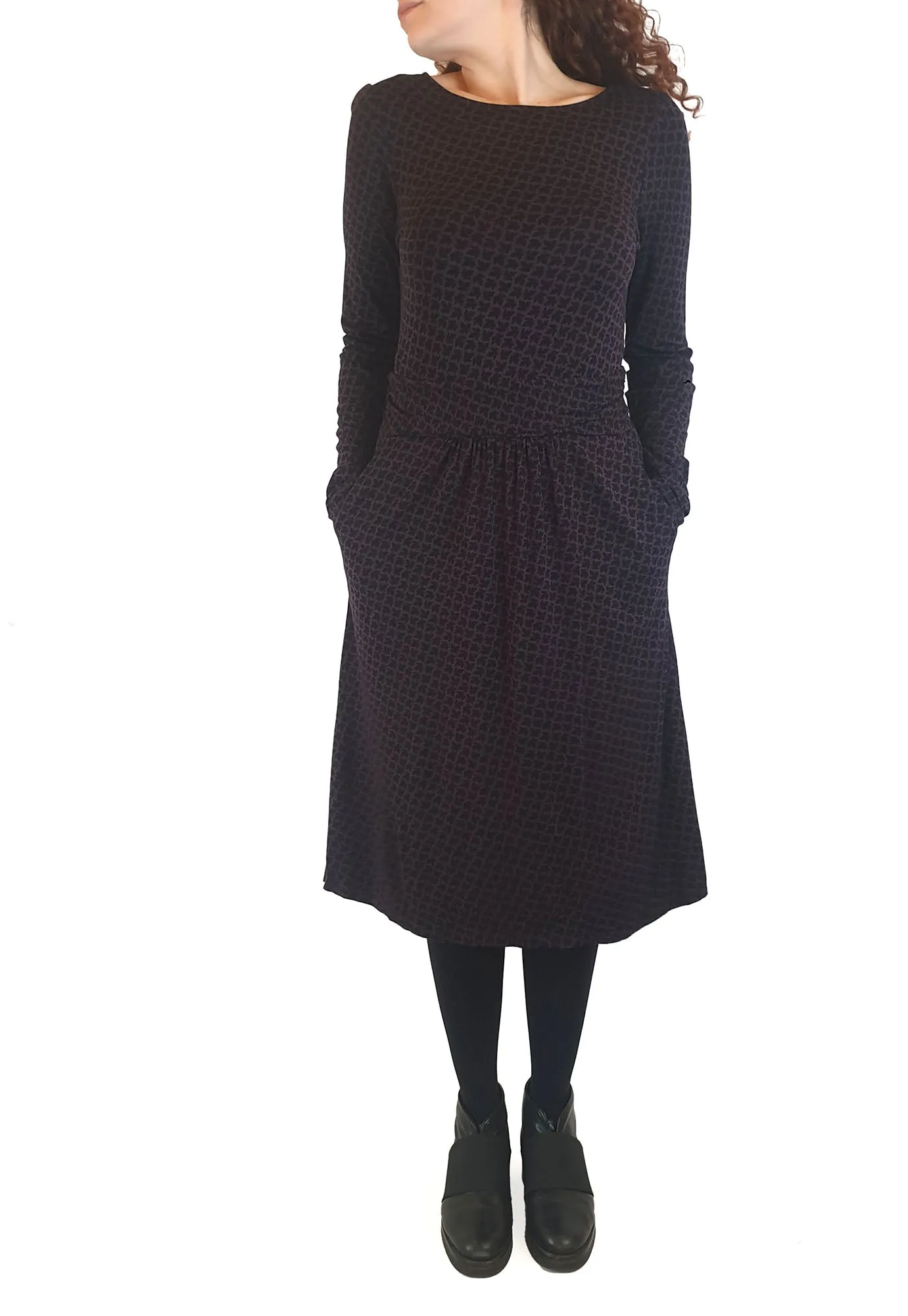 Boden purple and black maple leaf print long sleeve dress size UK 10