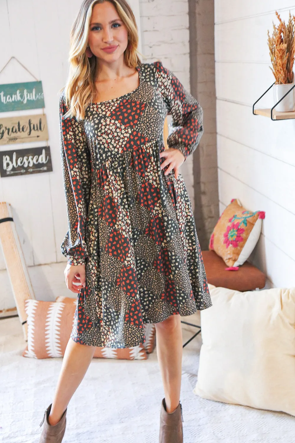 Brown Floral Patchwork High Waist Puff Sleeve Dress