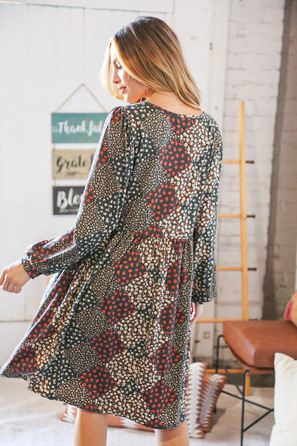 Brown Floral Patchwork High Waist Puff Sleeve Dress
