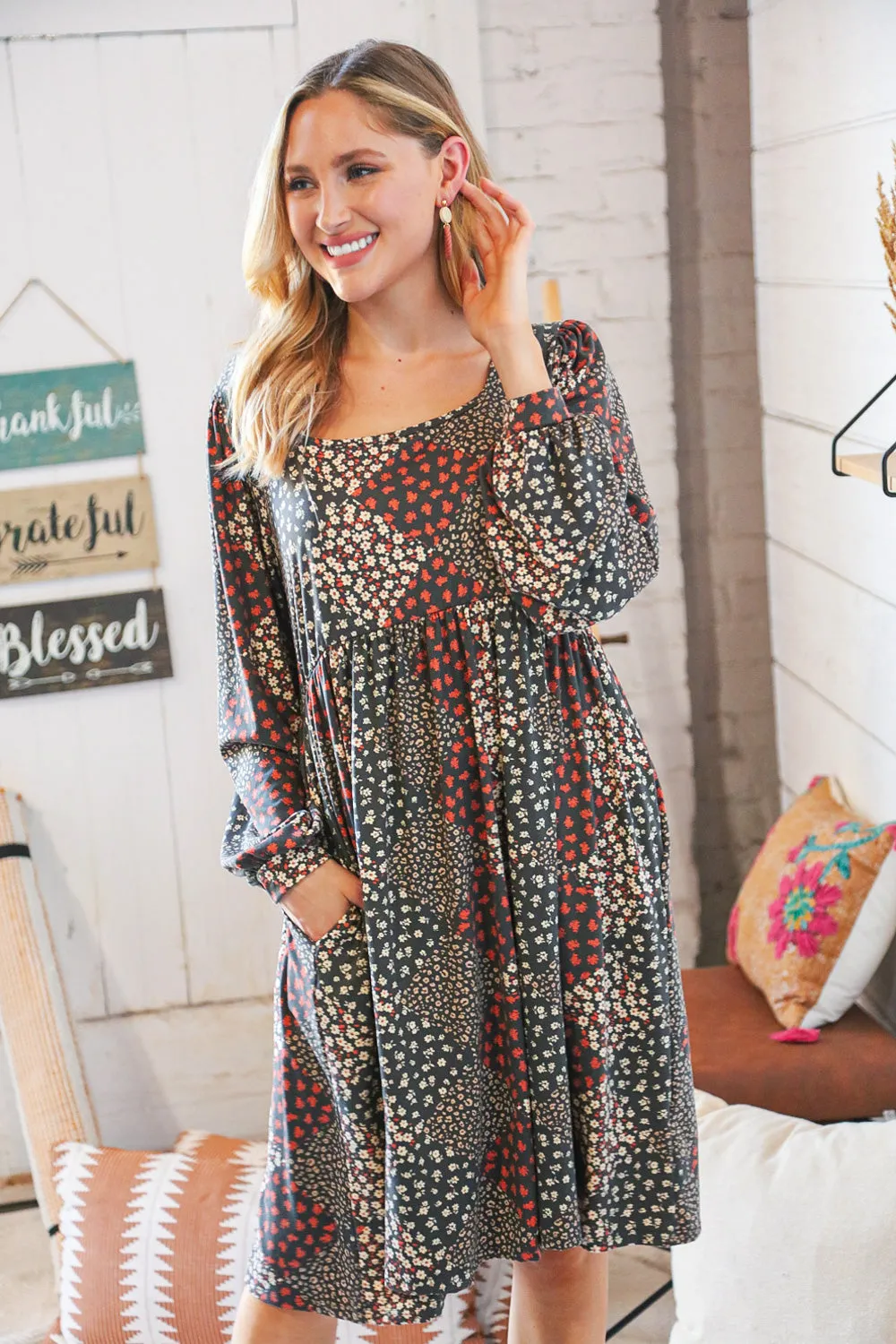 Brown Floral Patchwork High Waist Puff Sleeve Dress