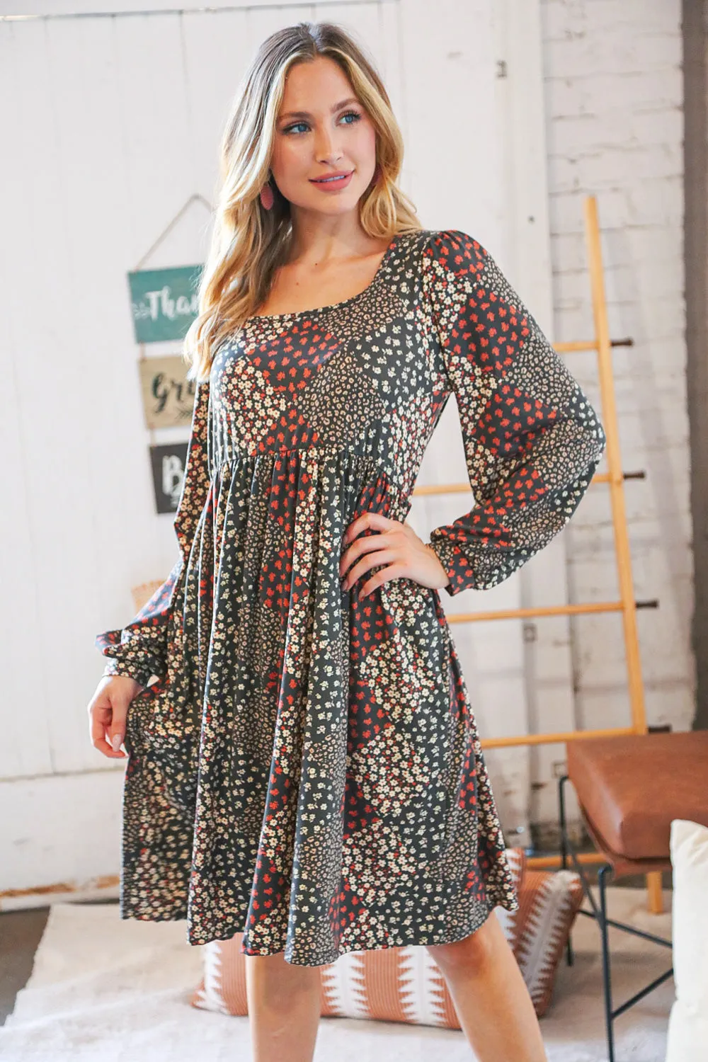 Brown Floral Patchwork High Waist Puff Sleeve Dress