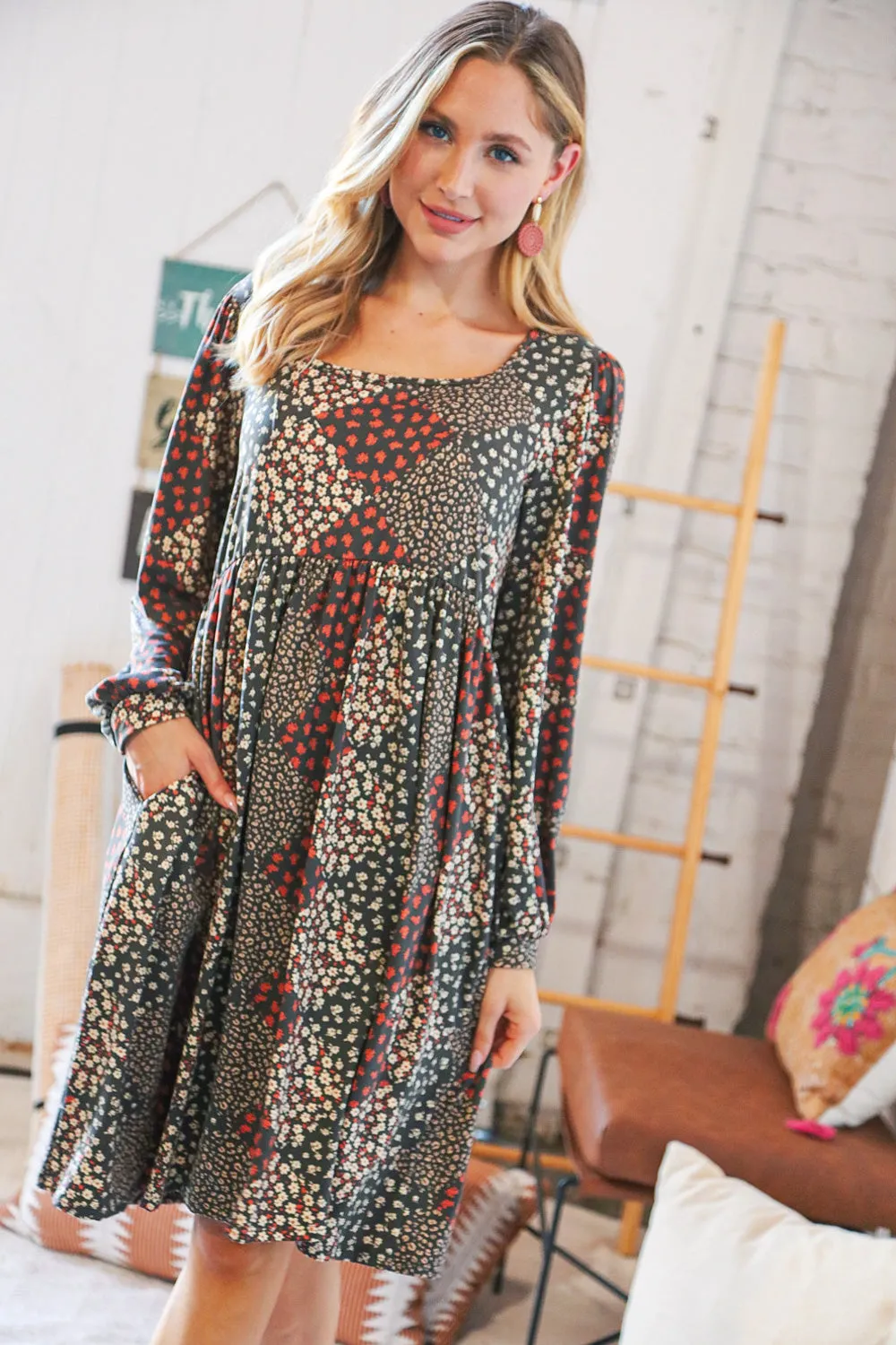 Brown Floral Patchwork High Waist Puff Sleeve Dress