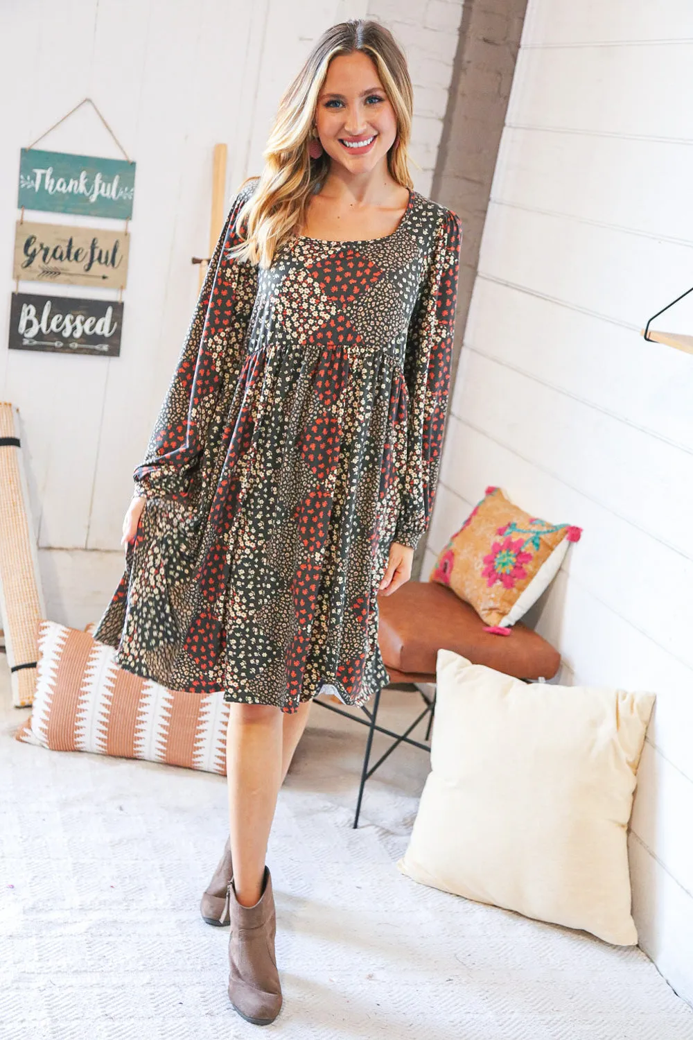 Brown Floral Patchwork High Waist Puff Sleeve Dress