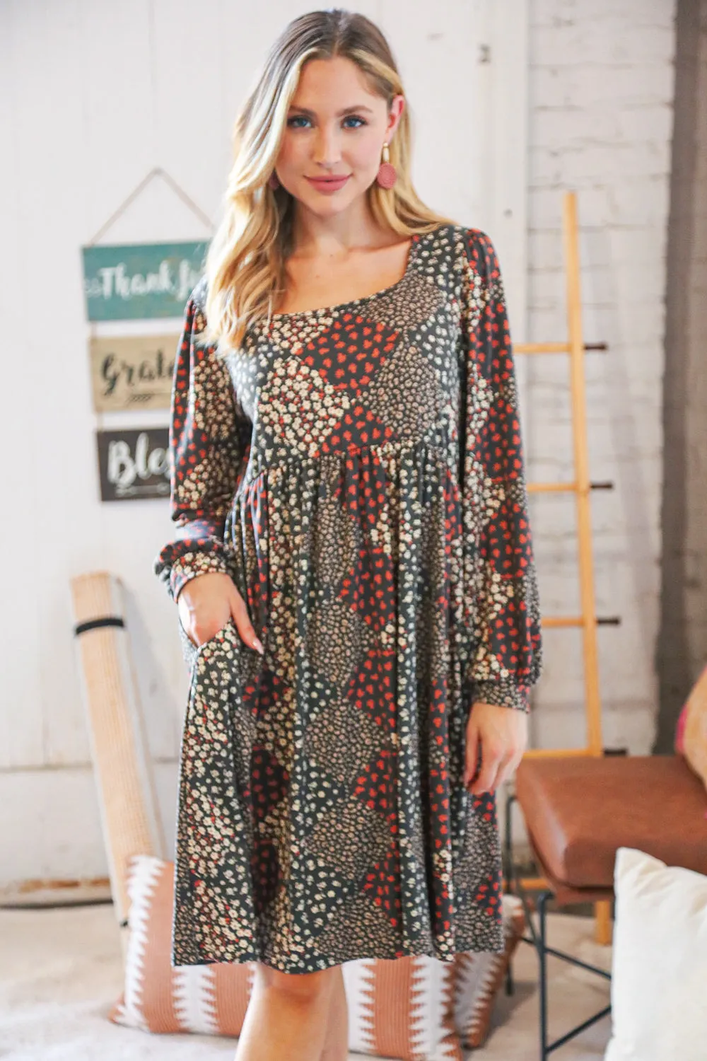 Brown Floral Patchwork High Waist Puff Sleeve Dress