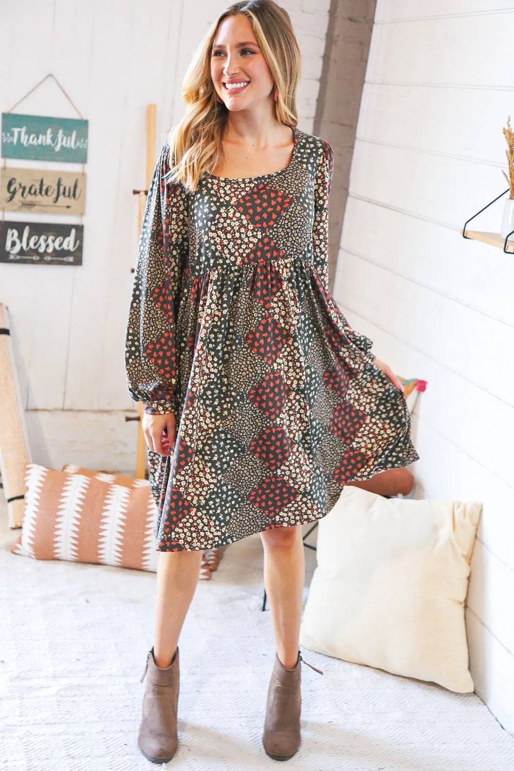Brown Floral Patchwork High Waist Puff Sleeve Dress