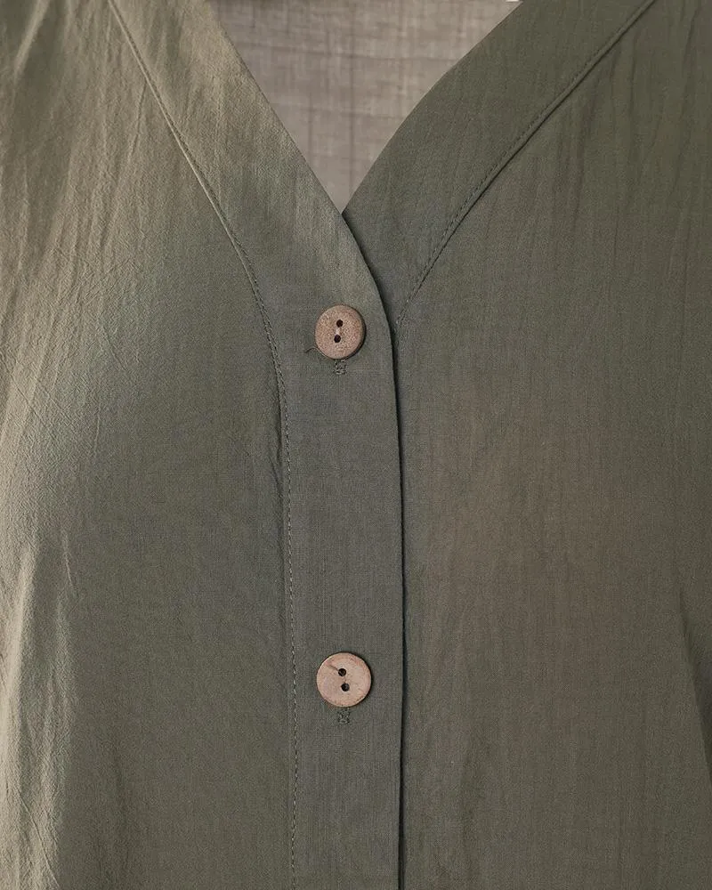 Button Front Ruffle Hem V Neck Casual Dress