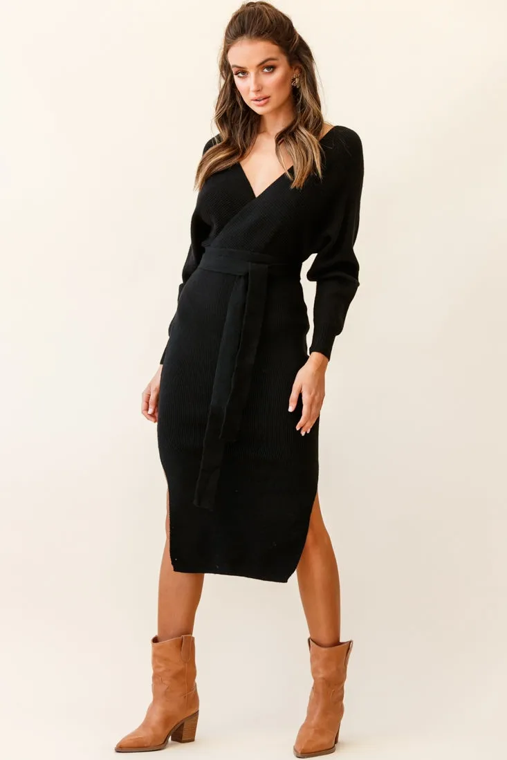 Cameo Batwing Knit Midi Dress Black