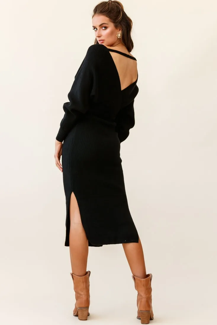 Cameo Batwing Knit Midi Dress Black