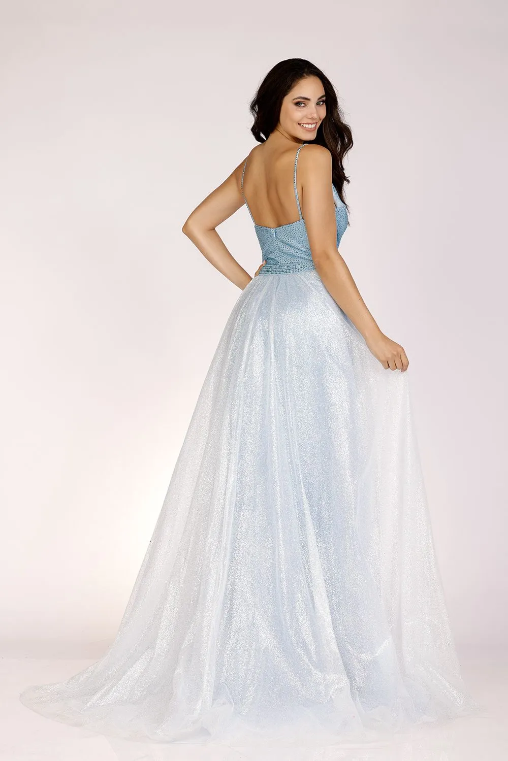 Cecilia Couture 1578 Size 6 Lilac Long fitted Crystal V neck Prom Dress slit Shimmer Detachable Overskirt