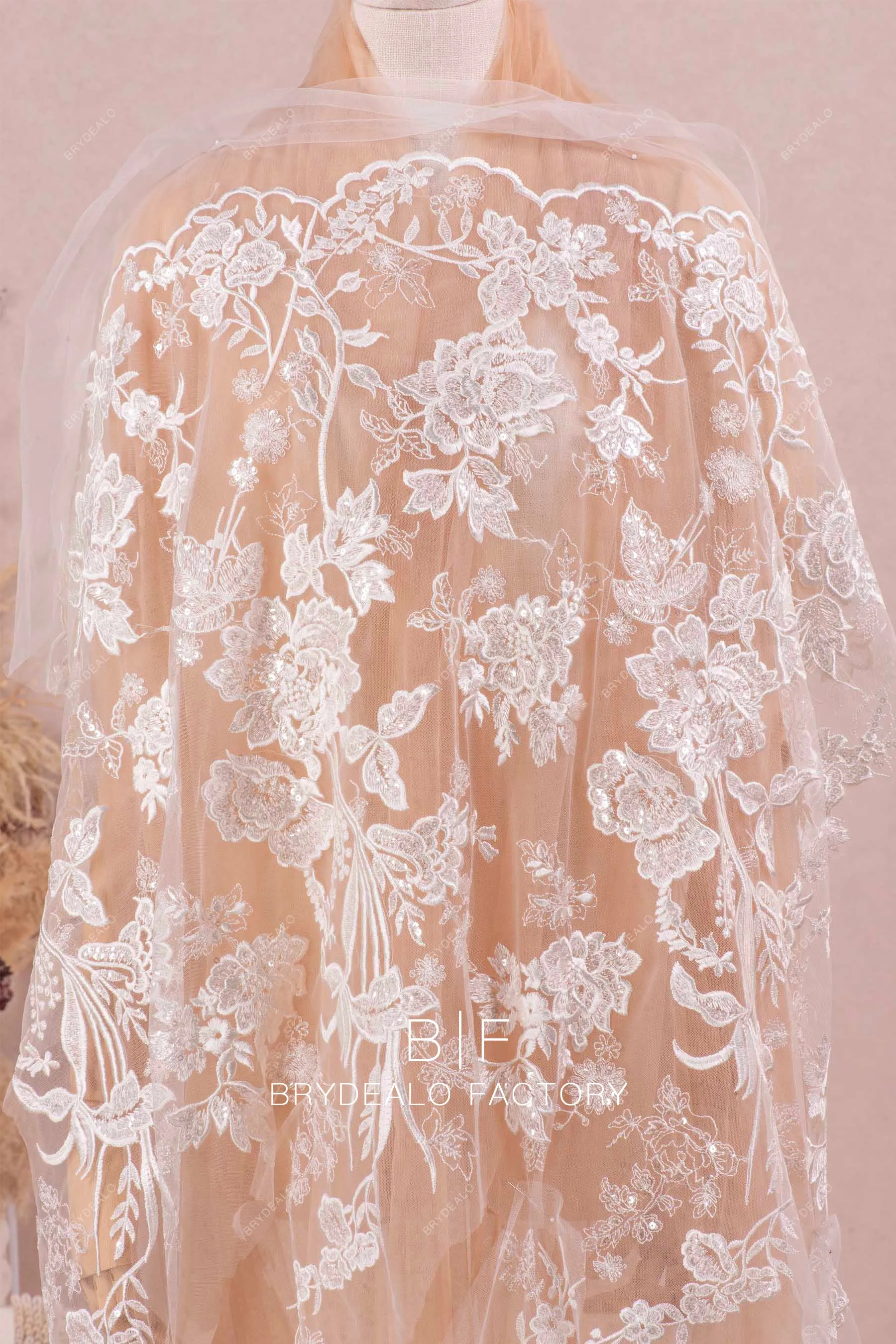 Clear Sequin Double Border Scalloped Flower Lace Fabric For Sale