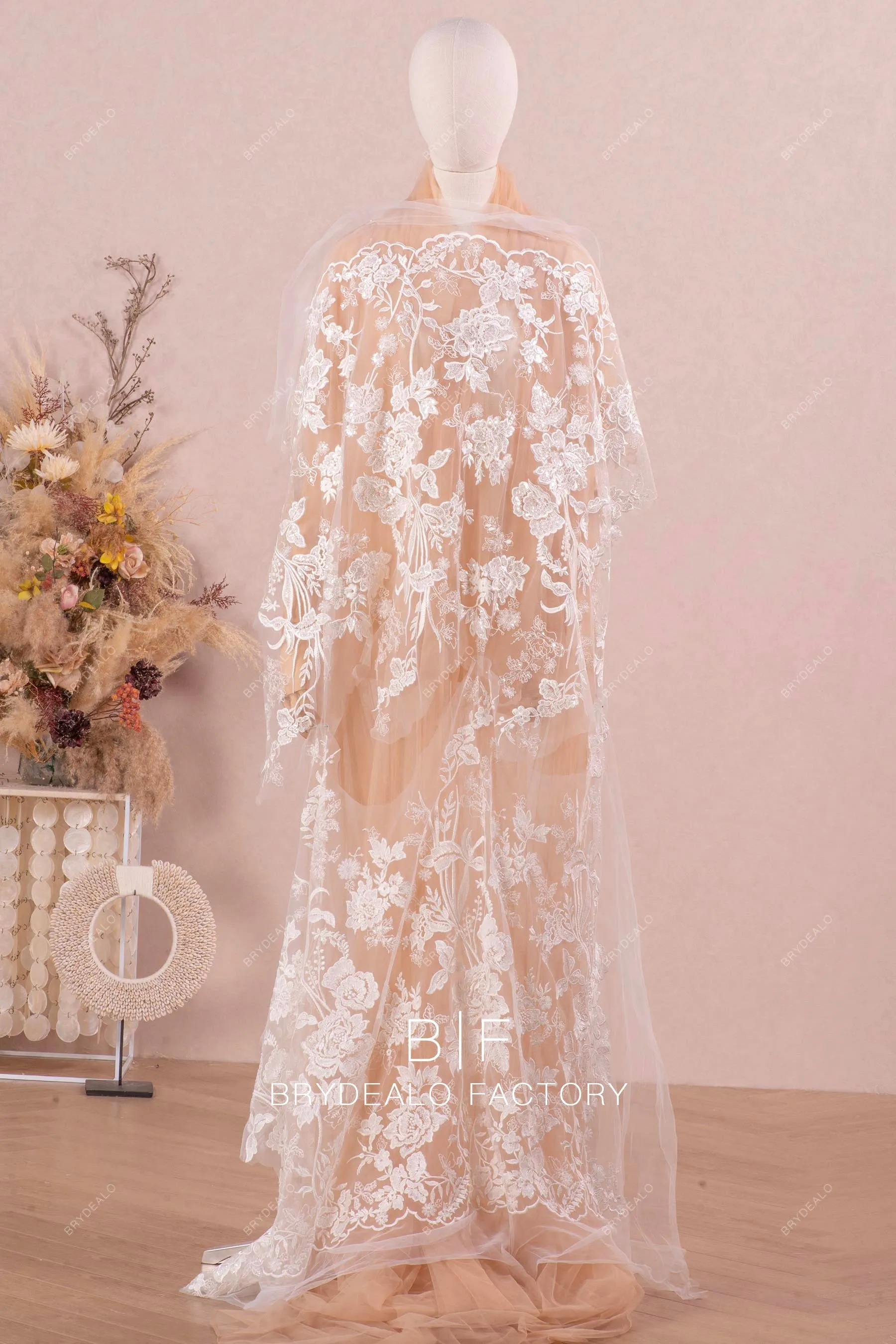 Clear Sequin Double Border Scalloped Flower Lace Fabric For Sale