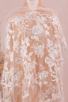 Clear Sequin Double Border Scalloped Flower Lace Fabric For Sale