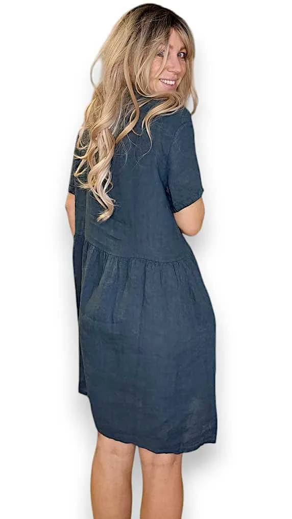COCONUT BUTTON MIDI DRESS LINEN DARK JADE