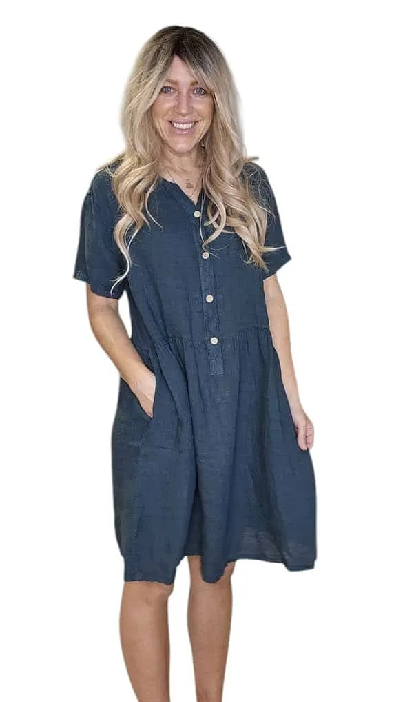 COCONUT BUTTON MIDI DRESS LINEN DARK JADE