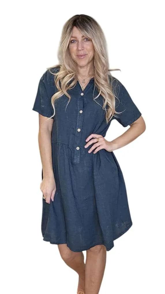 COCONUT BUTTON MIDI DRESS LINEN DARK JADE