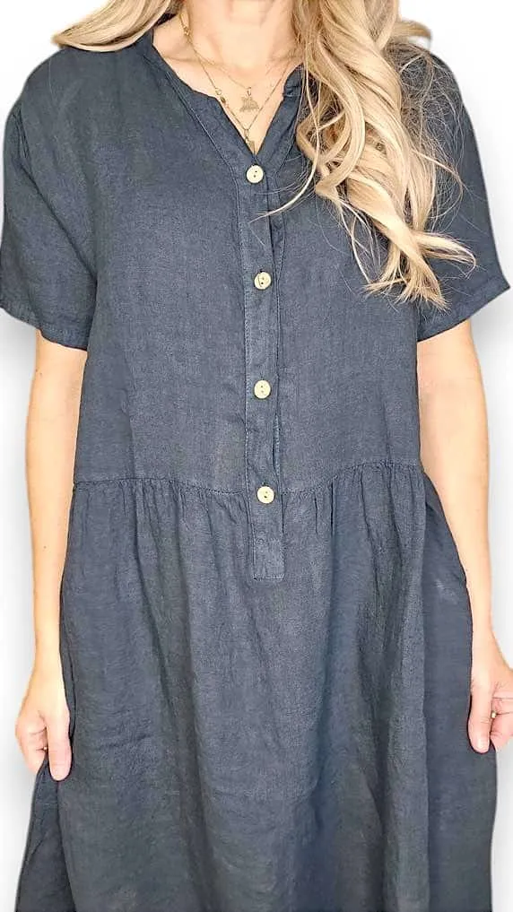 COCONUT BUTTON MIDI DRESS LINEN DARK JADE